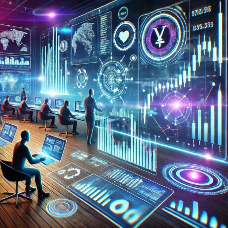 Eine moderne Büroszene mit Fachleuten, die fortschrittliche Technologie für sofortige Dash-Handelsaktivitäten nutzen.